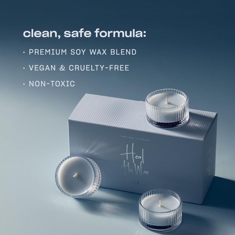 Snif Heal The Way Votive scent profile blends pistachio pink davana palo santo for mindful relaxation.