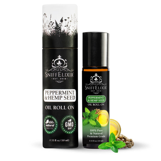 Sniffelixir peppermint roll-on in amber glass bottle