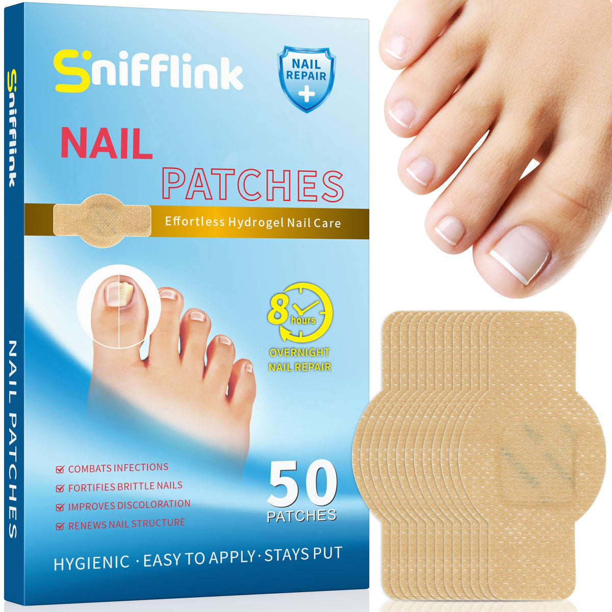 Snifflink toe nail patch close-up for deep renewal support at night.