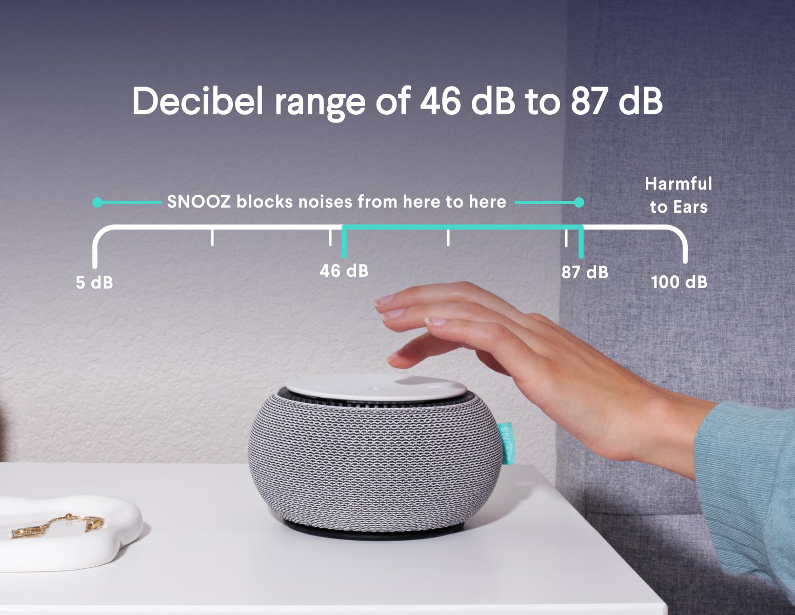 SNOOZ compact dimensions aid bedside setup.