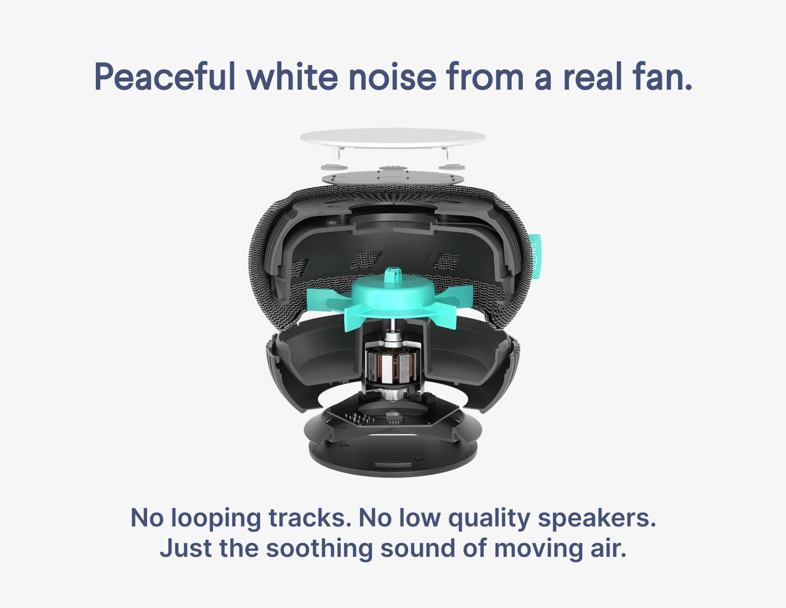 SNOOZ natural fan noise demonstrates non-looping masking without digital sounds.