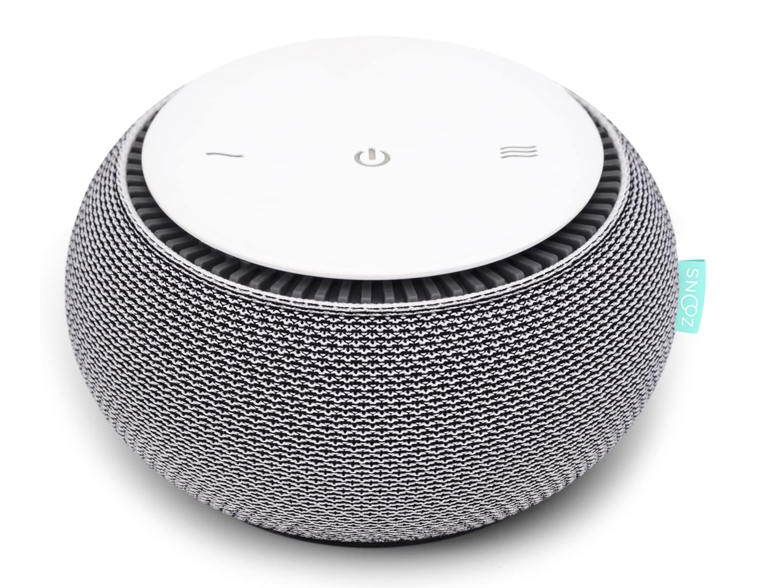 SNOOZ Smart White Noise machine front view with real fan for natural sleep masking.