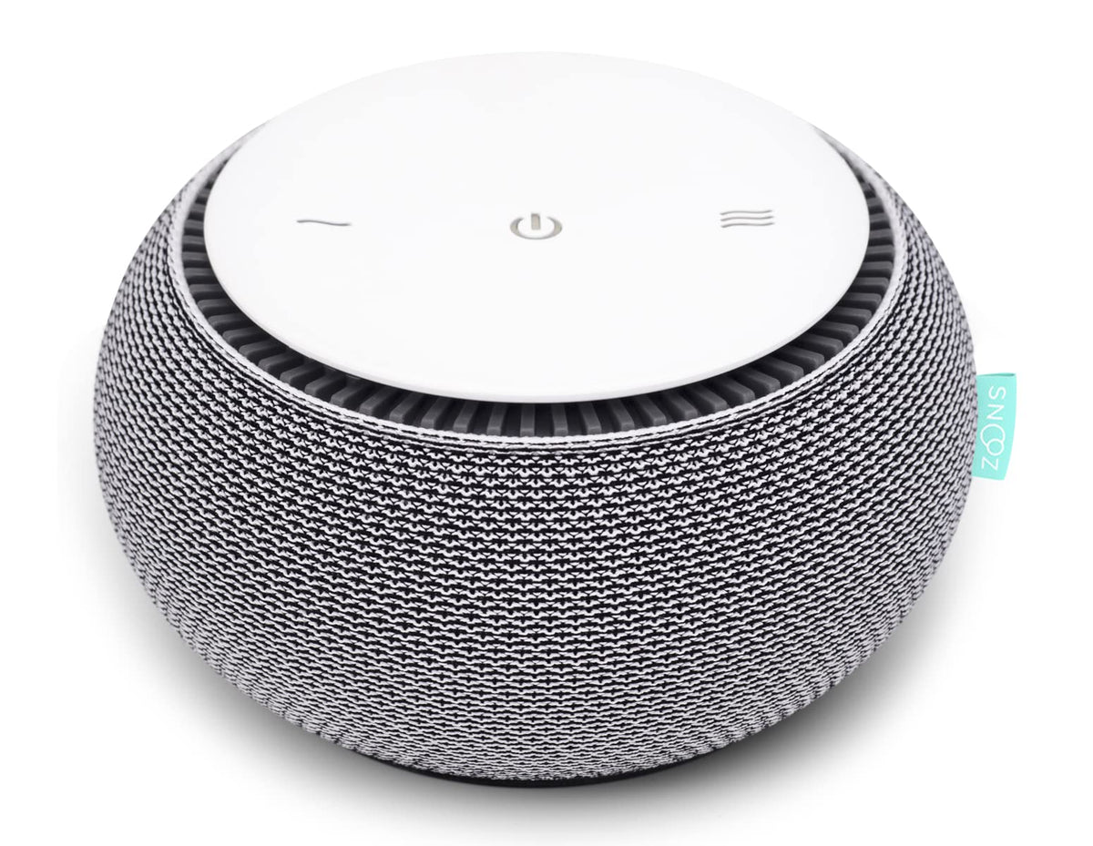 SNOOZ Smart White Noise machine front view with real fan for natural sleep masking.