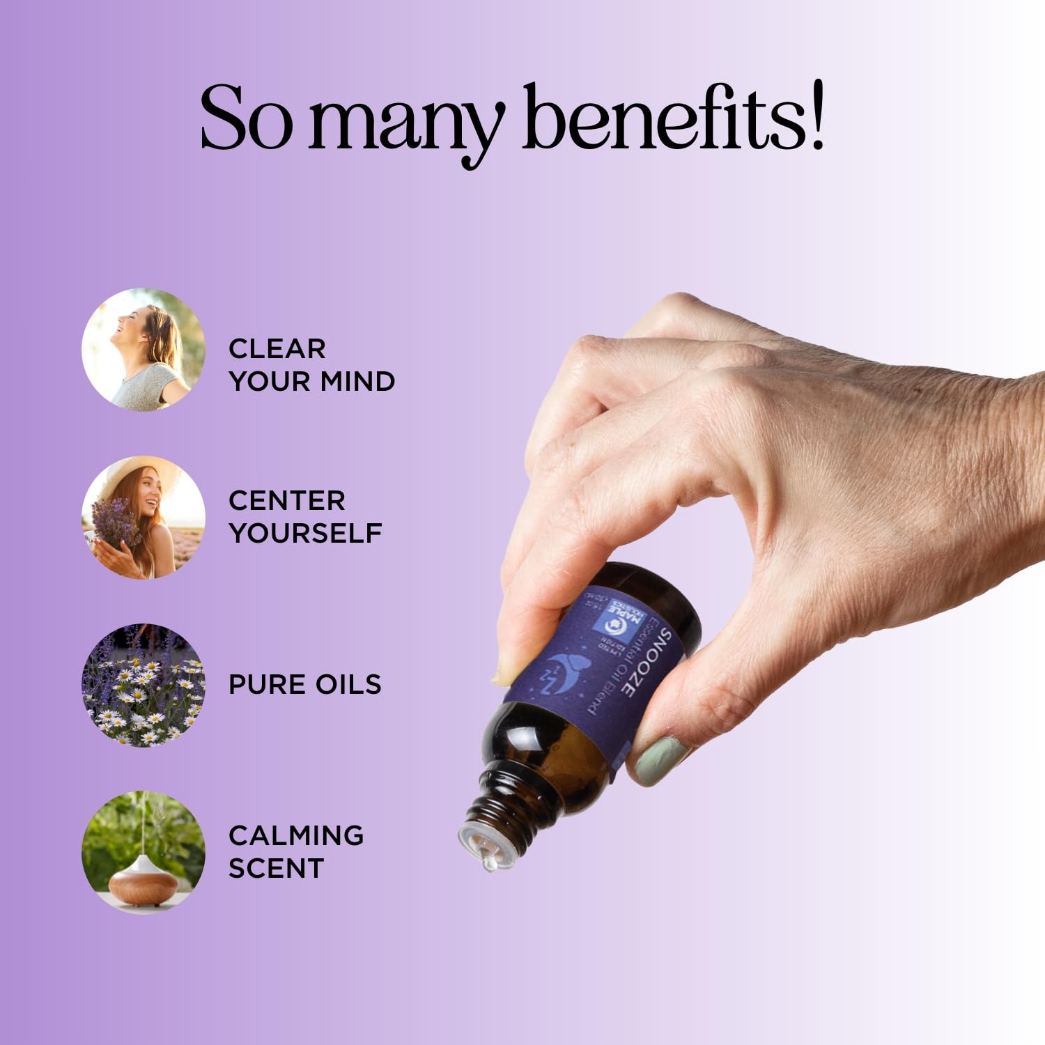 Cedarwood and vetiver notes in Snooze Blend diffuser oil