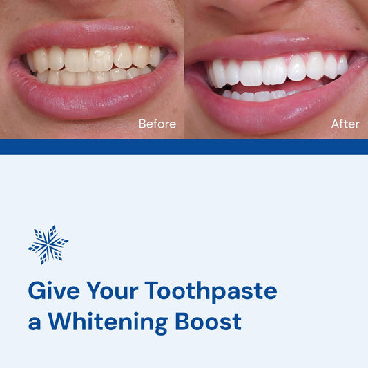 Scoop dispensing powder over toothpaste