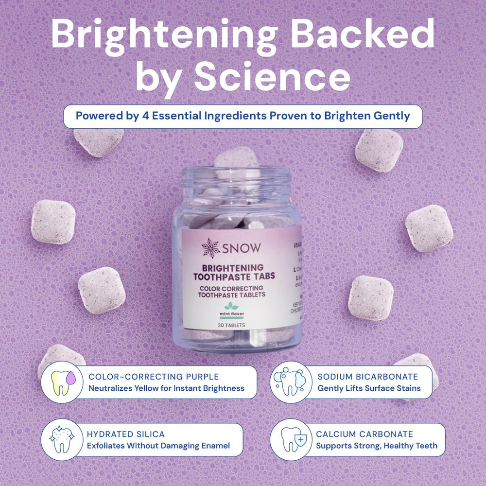 Close-up of biting a SNOW whitening toothpaste tablet