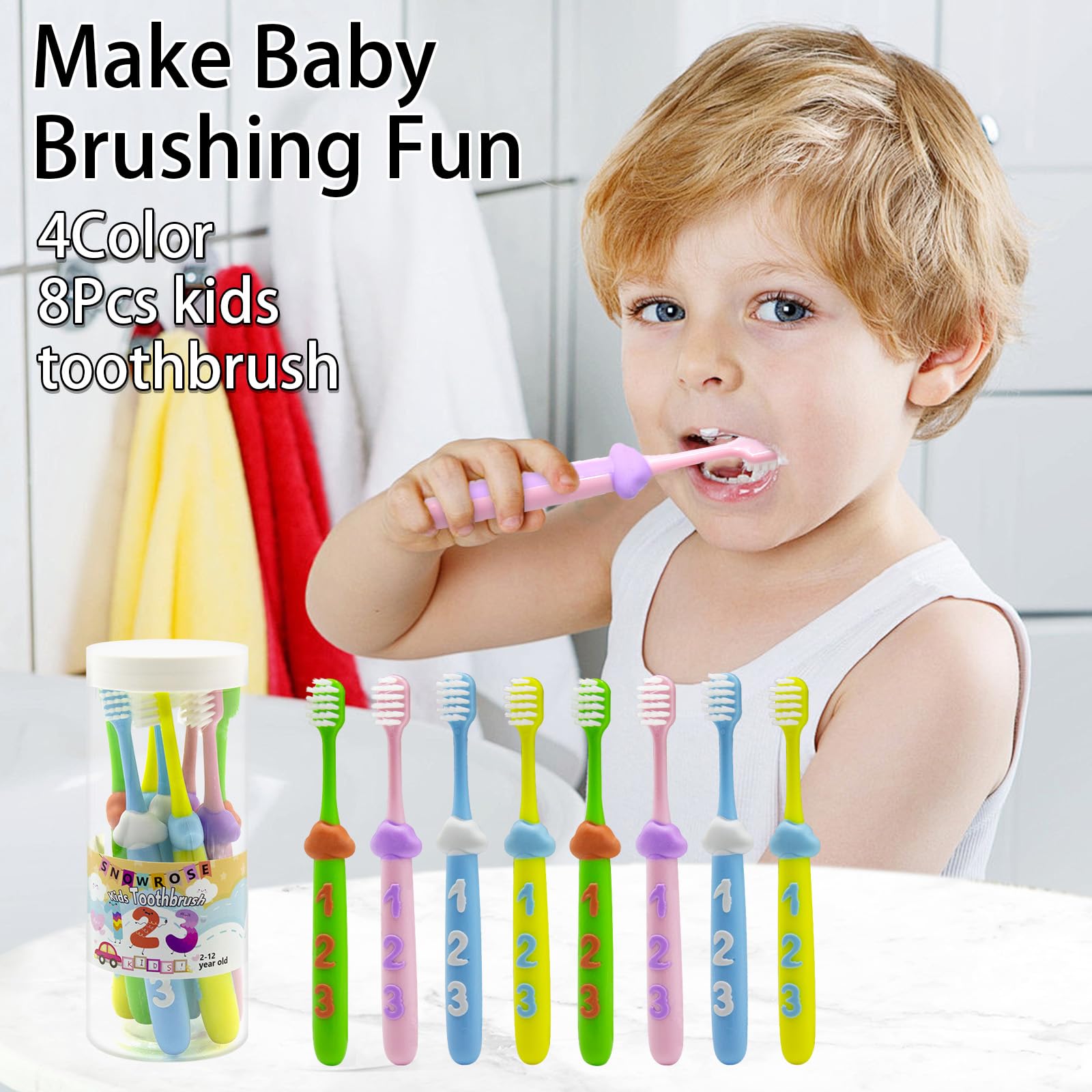 Kids toothbrushes with small brush head in bright colors for ages 2-12