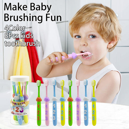 Kids toothbrushes with small brush head in bright colors for ages 2-12