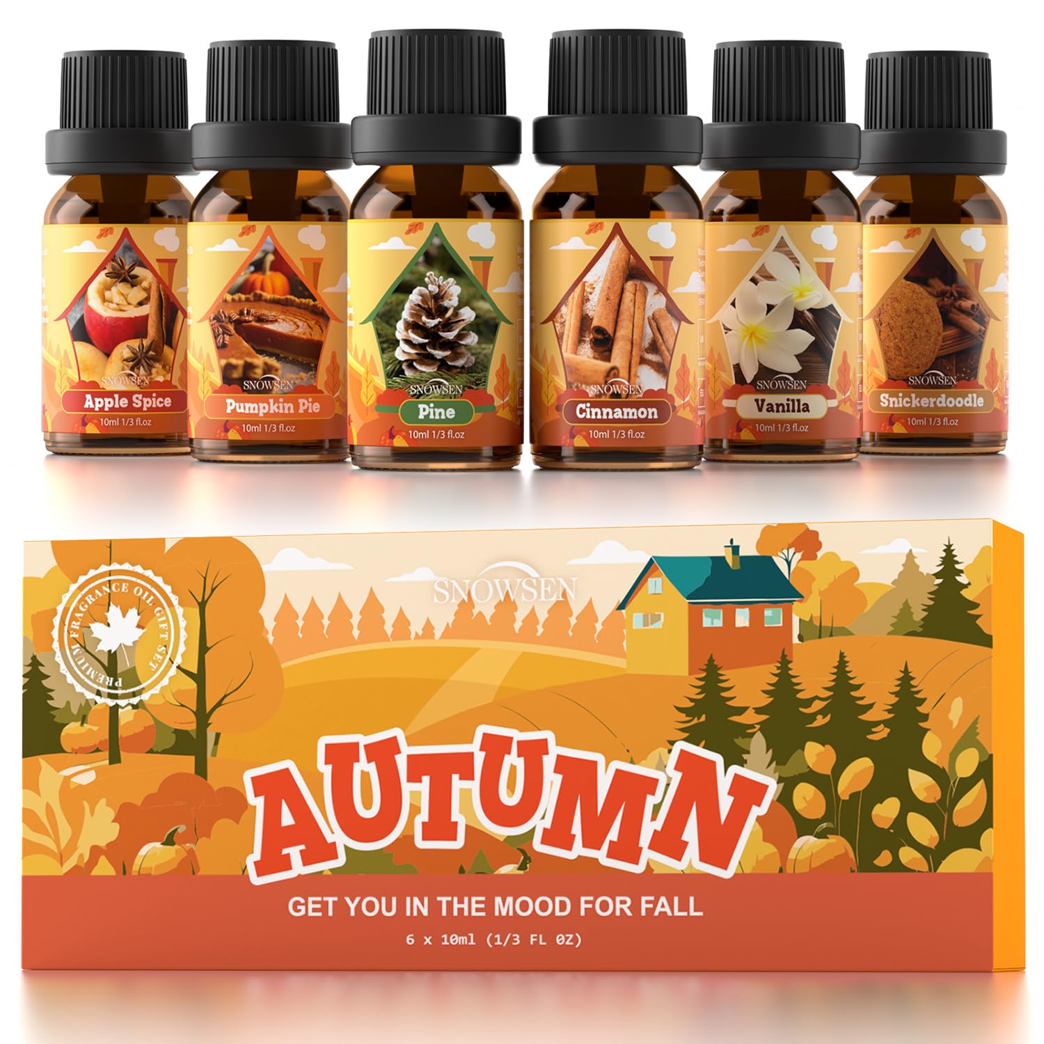 SNOWSEN Autumn Essential Oil Set: 10ml bottles in Apple Spice, Pumpkin Pie, Pine, Cinnamon, Vanilla, Snickerdoodle