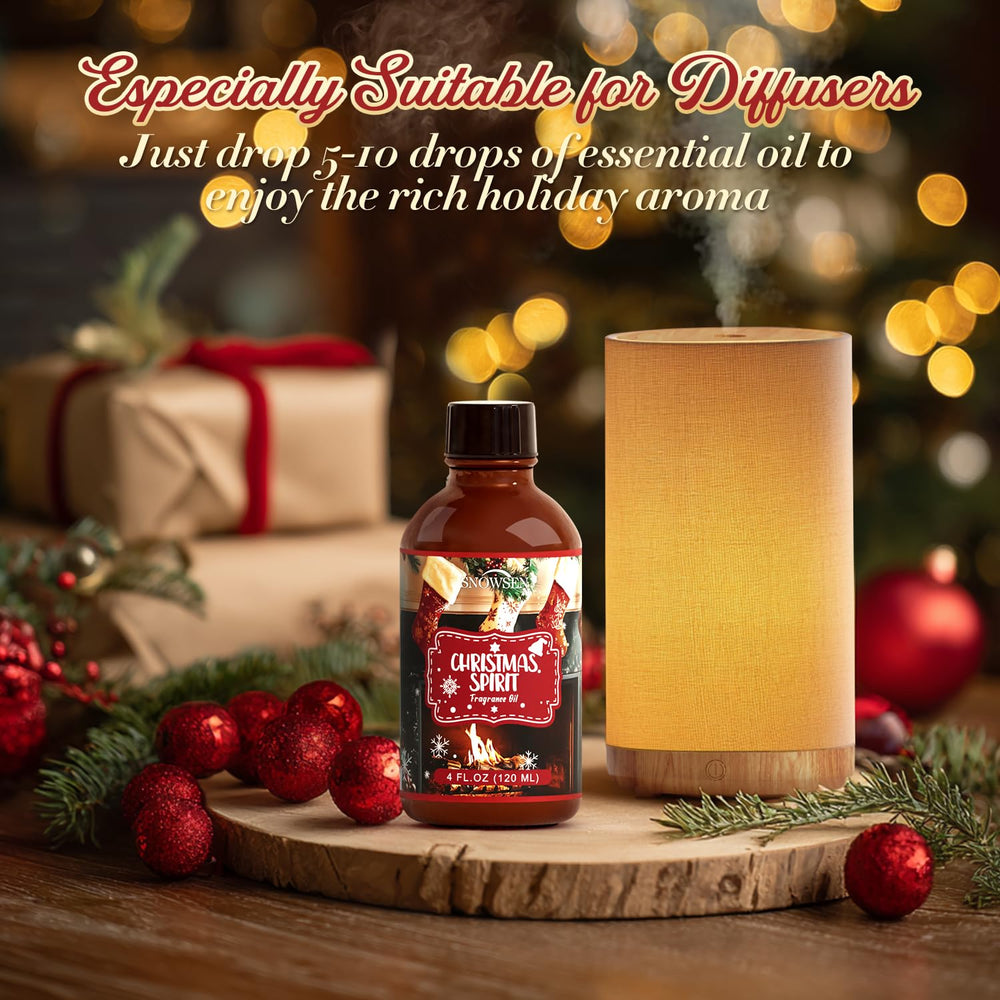 Close-up of amber glass bottle for Christmas Spirit fragrance oil
