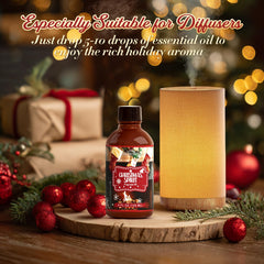 Close-up of amber glass bottle for Christmas Spirit fragrance oil