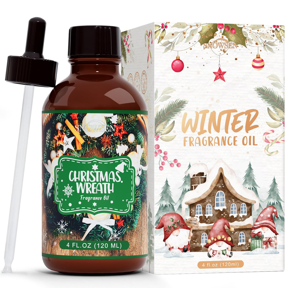 SNOWSEN Christmas Wreath Fragrance Oil in 4 oz amber glass bottle with dropper
