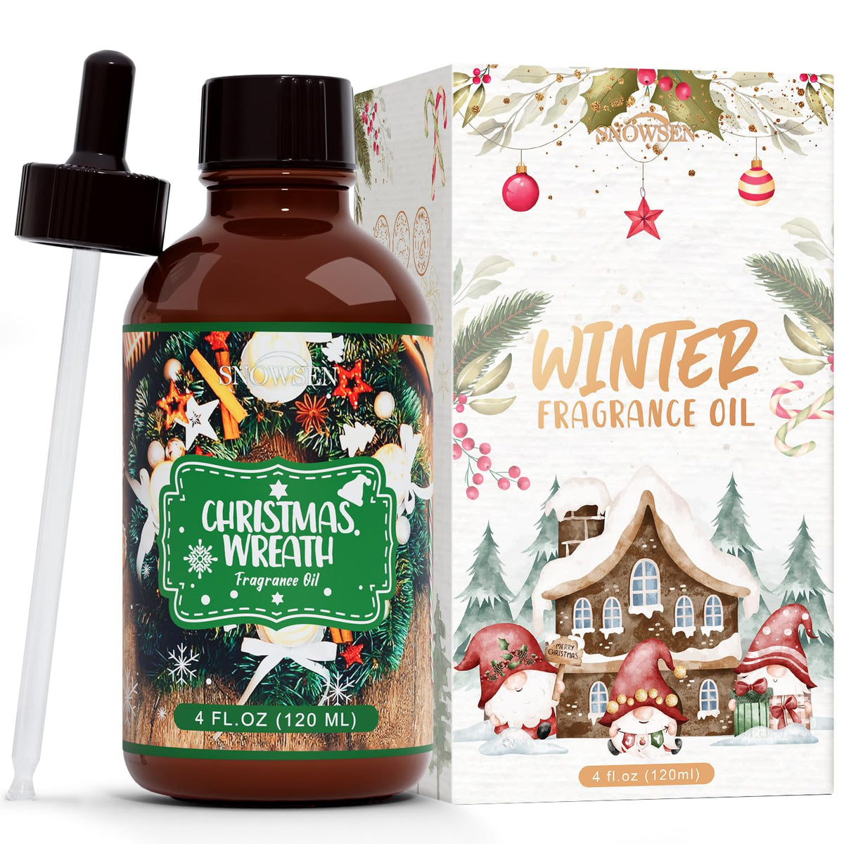 SNOWSEN Christmas Wreath Fragrance Oil in 4 oz amber glass bottle with dropper