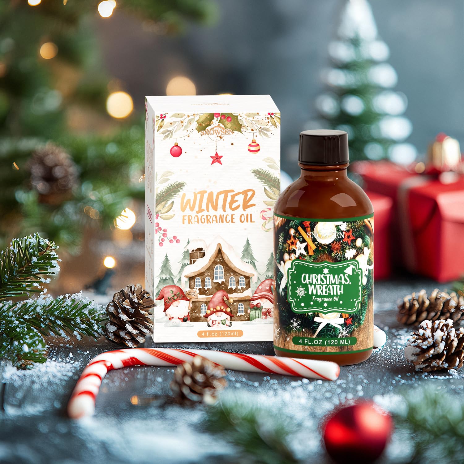 Amber glass bottle with SNOWSEN Christmas Wreath fragrance oil packaging closeup