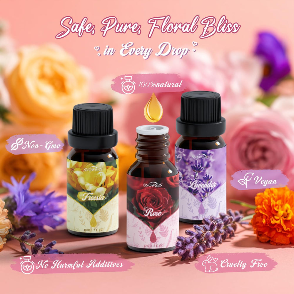 Freesia essential oil bottle with white blooms