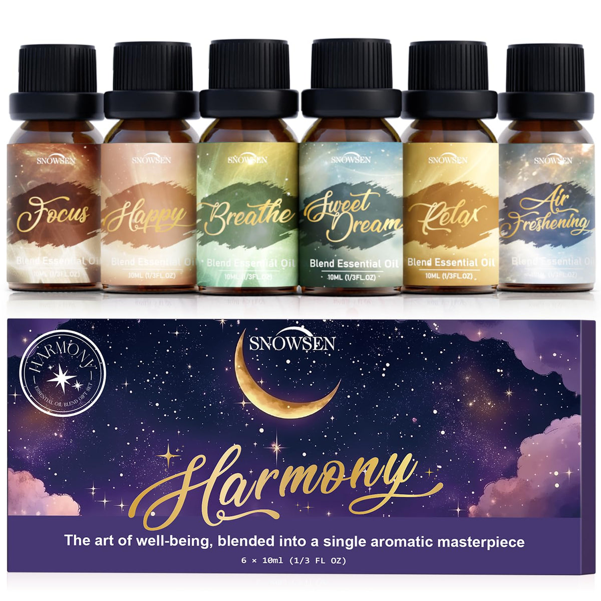 Packaging for SNOWSEN Harmony Essential Oil Set with six amber bottles