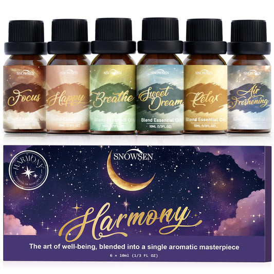 Packaging for SNOWSEN Harmony Essential Oil Set with six amber bottles