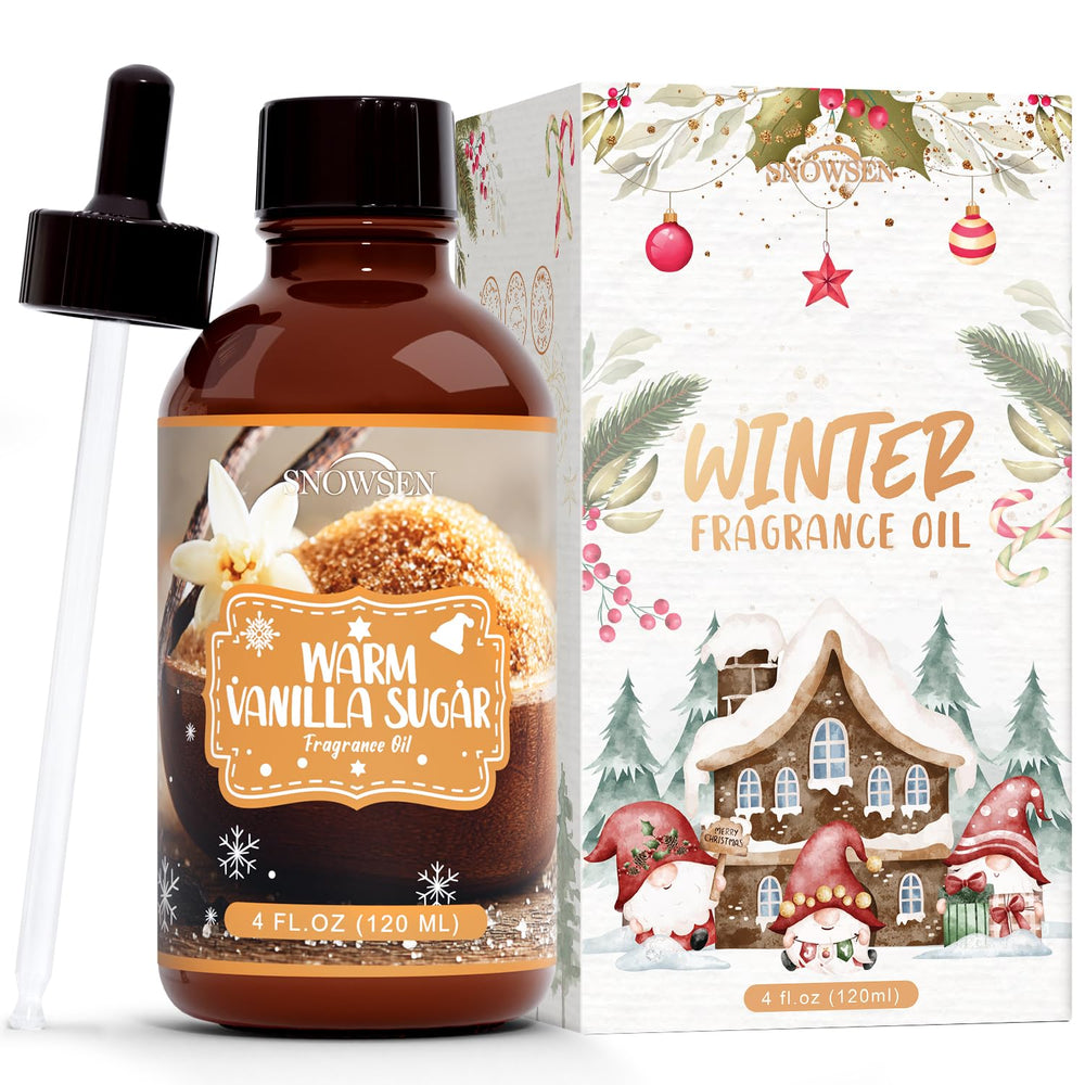 Amber glass bottle of SNOWSEN Warm Vanilla Sugar essential oil with a glass dropper