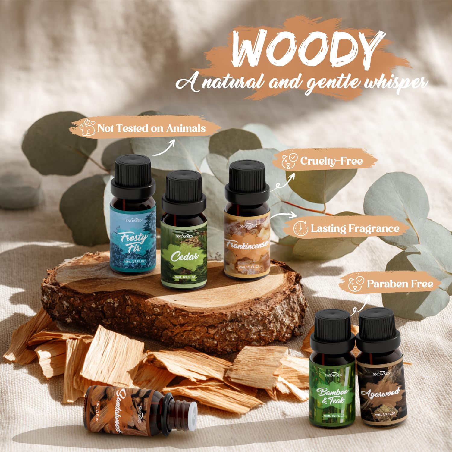 Sandalwood essential oil 10ml amber bottle from SNOWSEN Woody Set