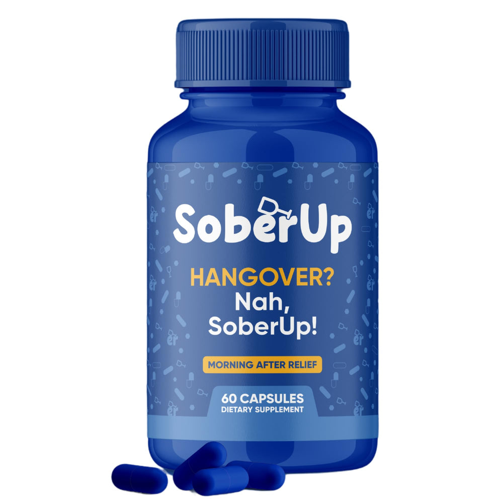 SoberUp Recovery Boost bottle with 60 capsules on white background