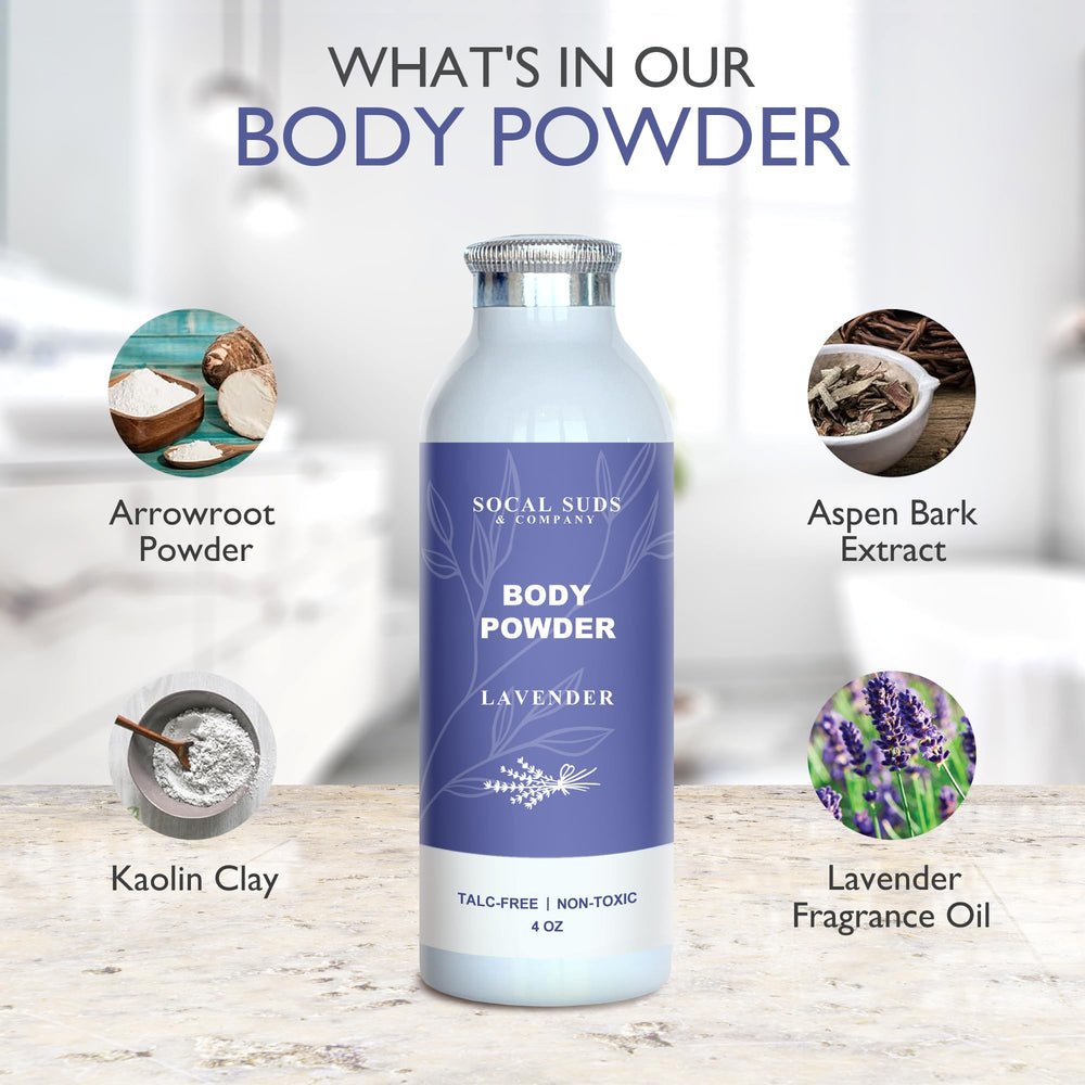 SoCal Suds & Company arrowroot powder blend emphasizes lightweight texture and gentle comfort on skin.