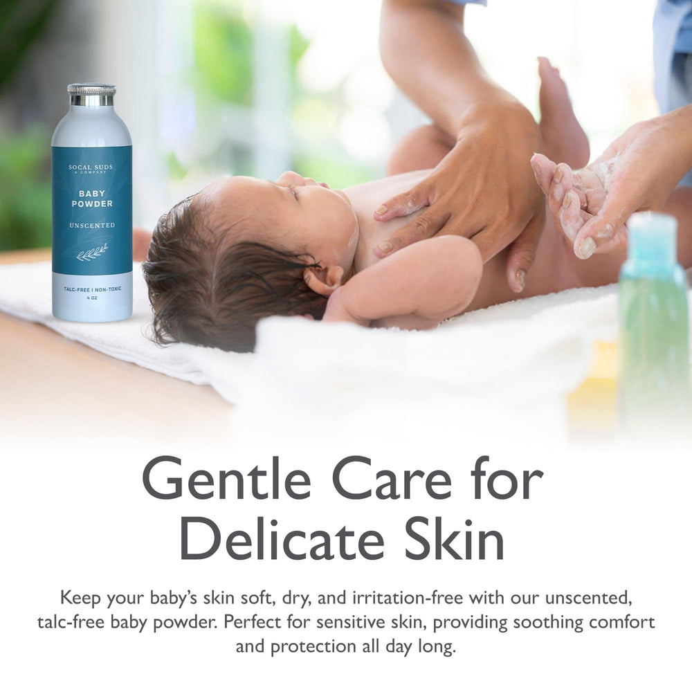 SoCal Suds & Company infant care scene dusting powder during diaper change