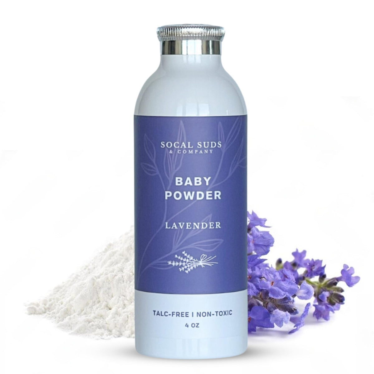SoCal Suds & Company lavender baby powder bottle shows calming scent for gentle skin