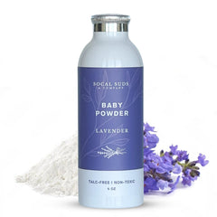 SoCal Suds & Company lavender baby powder bottle shows calming scent for gentle skin