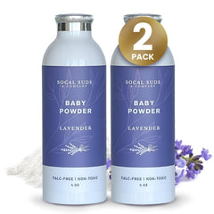SoCal Suds lavender bottle highlights talc-free baby powder for gentle protection of delicate skin.