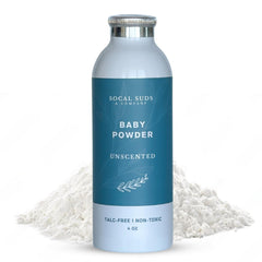 SoCal Suds & Company unscented baby powder bottle for gentle moisture absorption on newborn skin