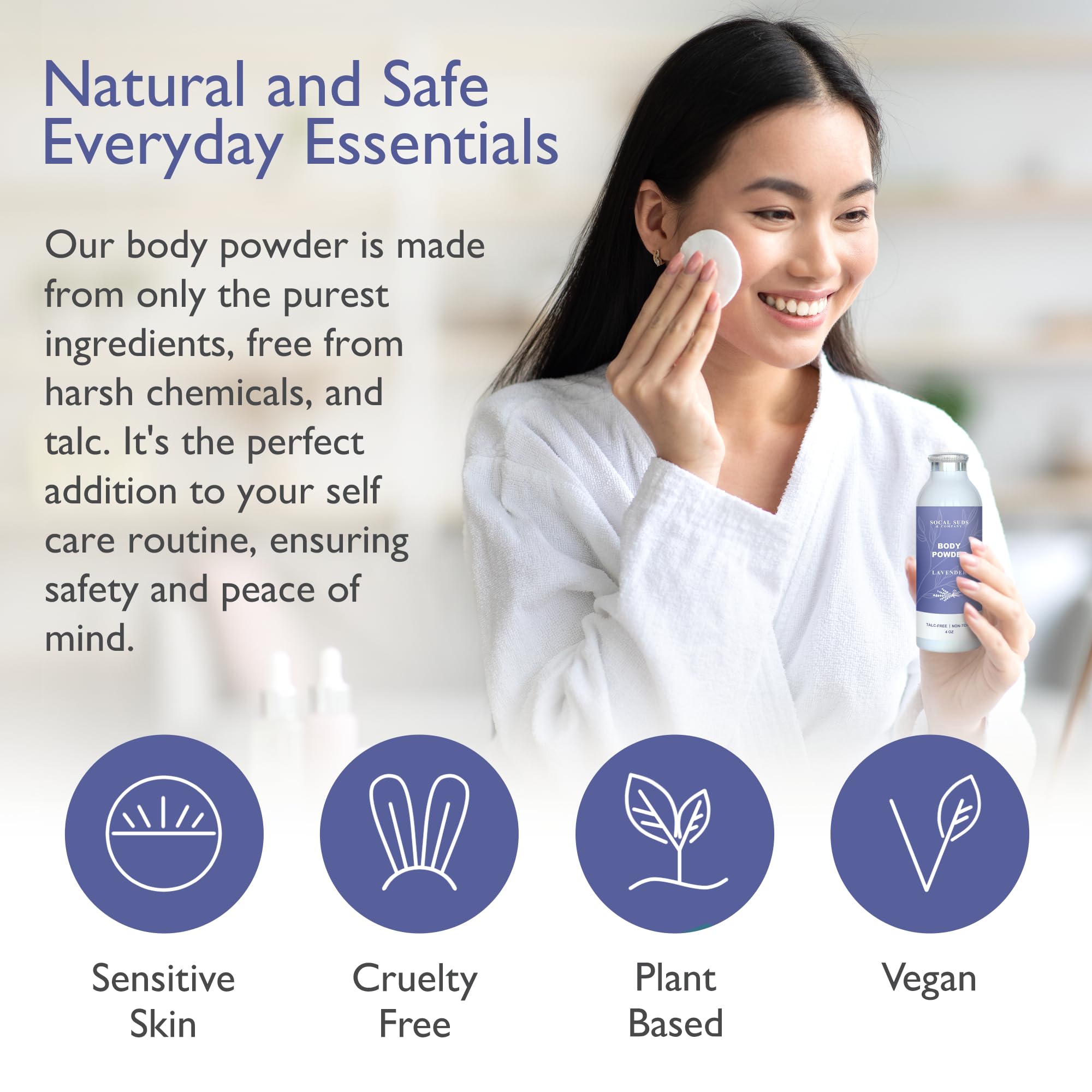 SoCal Suds & Company kaolin clay softening image conveys moisture management and smooth feel.