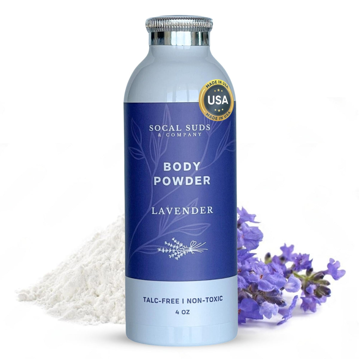 SoCal Suds & Company lavender body powder jar highlights talc-free formula for soft, comfortable skin.