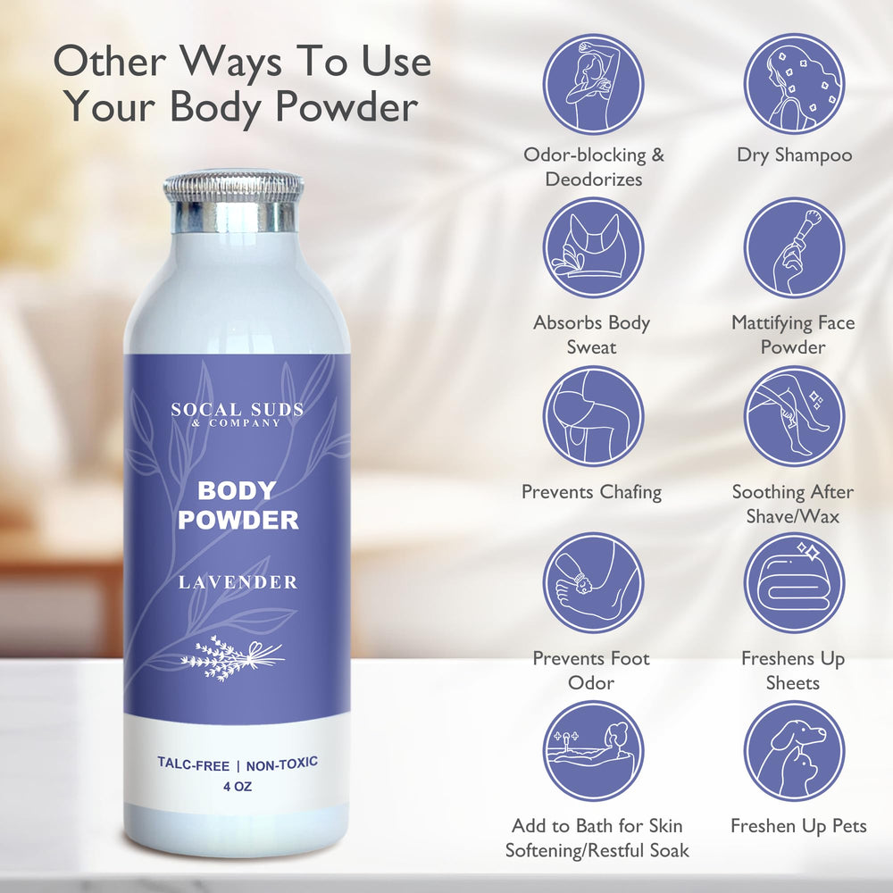 SoCal Suds & Company lavender dust application shows gentle, refreshing layering across the skin.