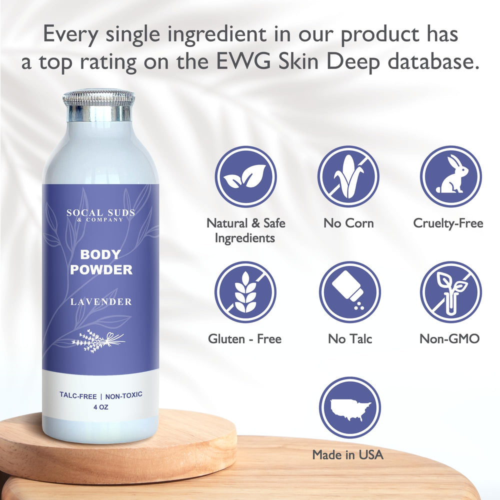 SoCal Suds & Company lavender powder tub closeup shows natural absorbency for everyday moisture control.