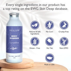 SoCal Suds & Company lavender powder tub closeup shows natural absorbency for everyday moisture control.