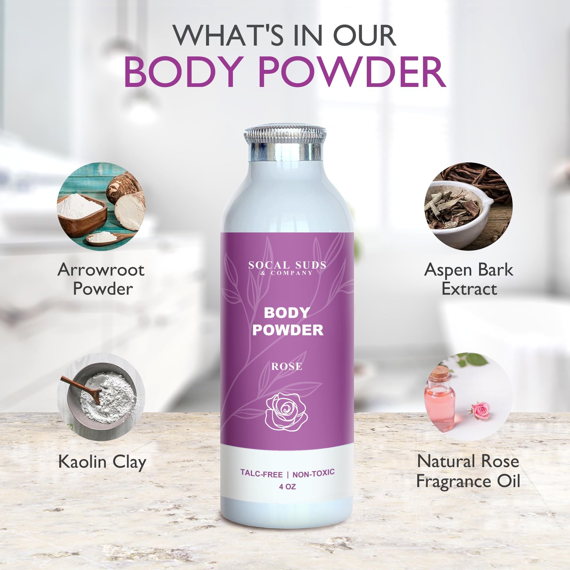 SoCal Suds & Company powder dispense action demonstrates easy, airy application on skin.