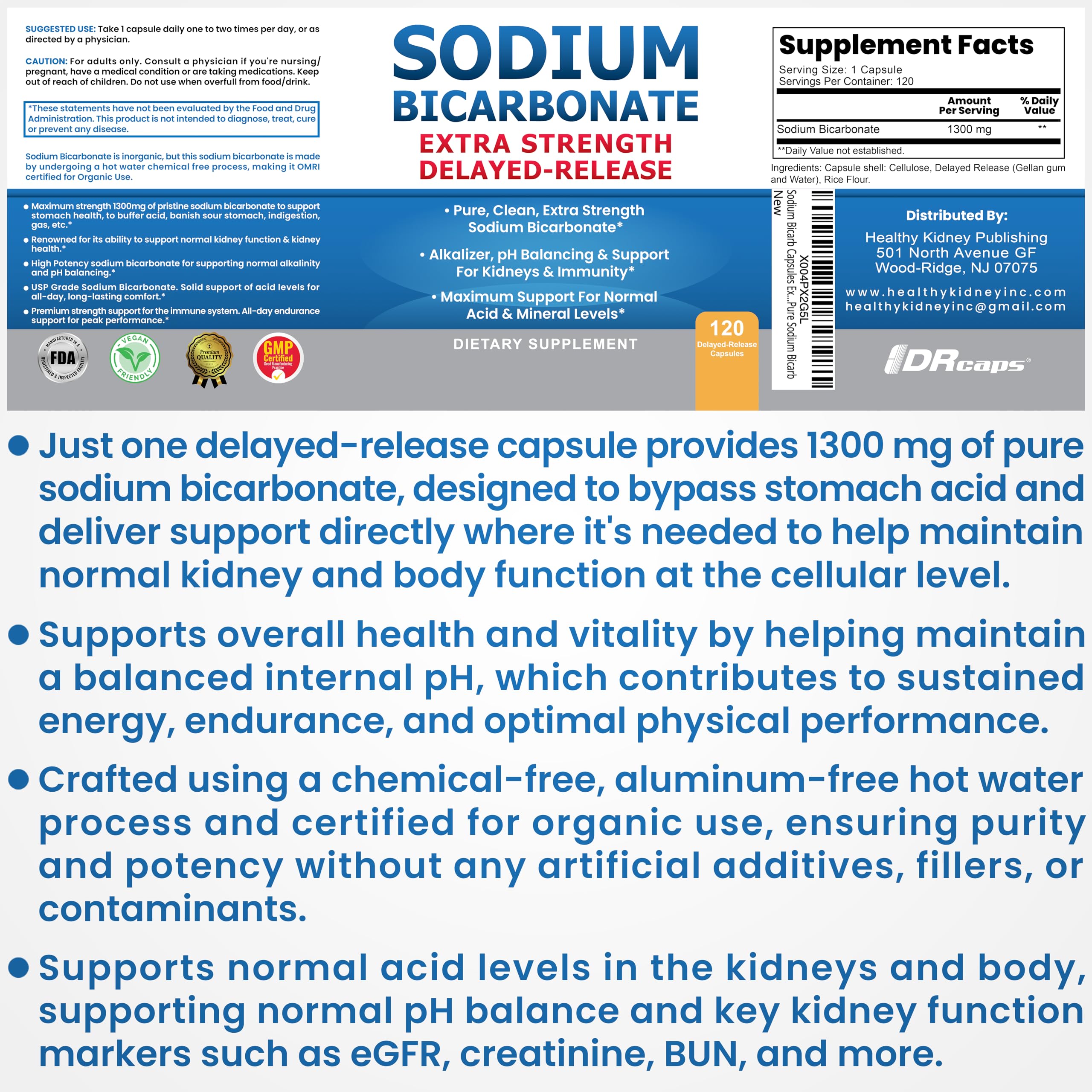 Digestive support with 1300mg sodium bicarbonate capsules
