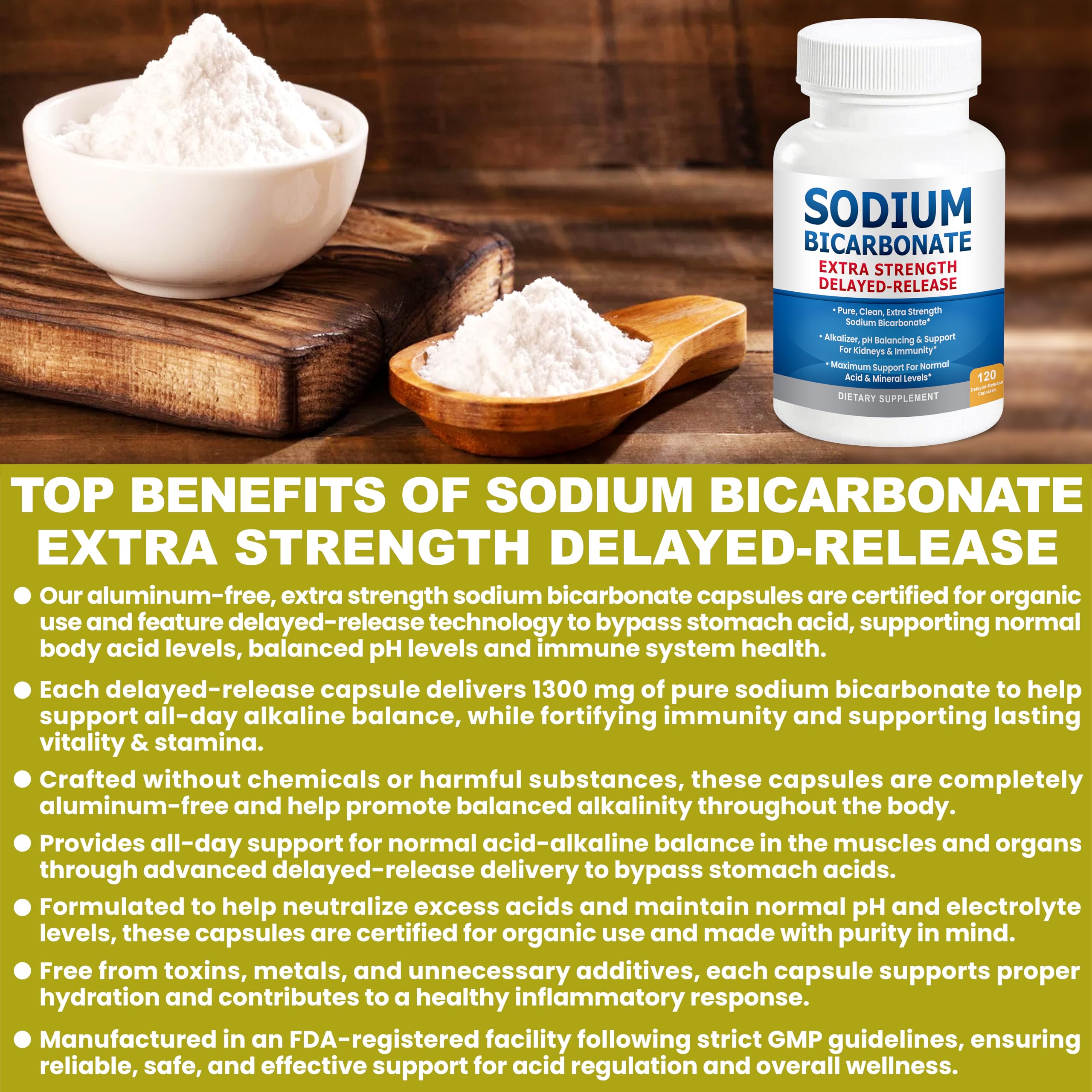 Packaging: 120-count bottle of organic-use sodium bicarbonate capsules