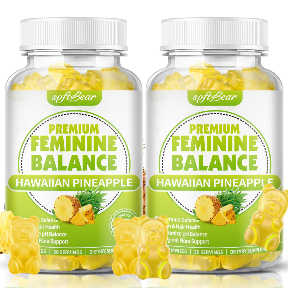 Front packaging of softbear Feminine Balance Gummies in pineapple flavor