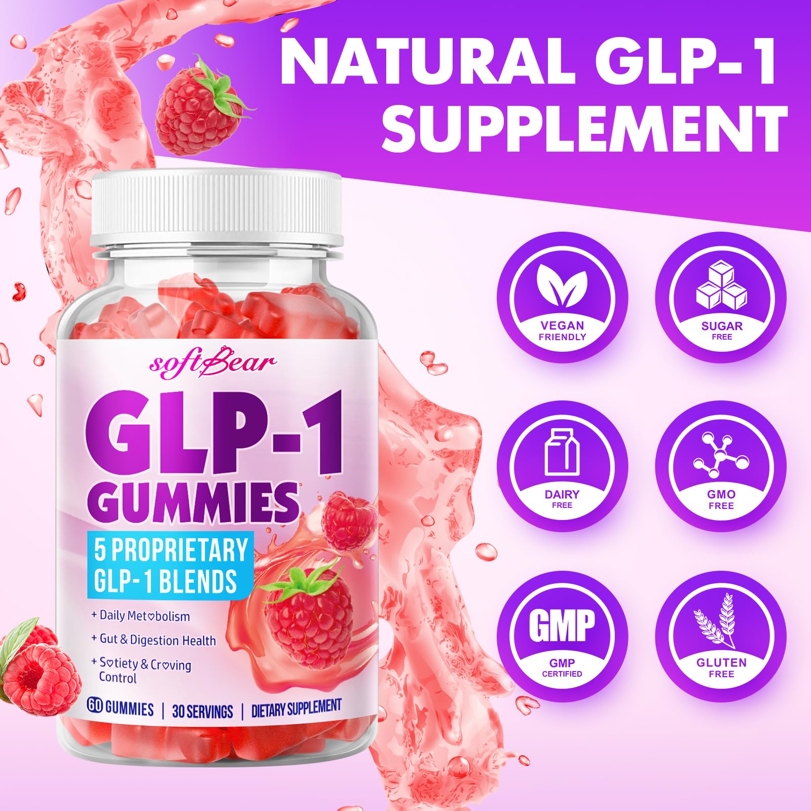 Nutrition facts and ingredients panel for SoftBear GLP-1 Probiotic Gummies