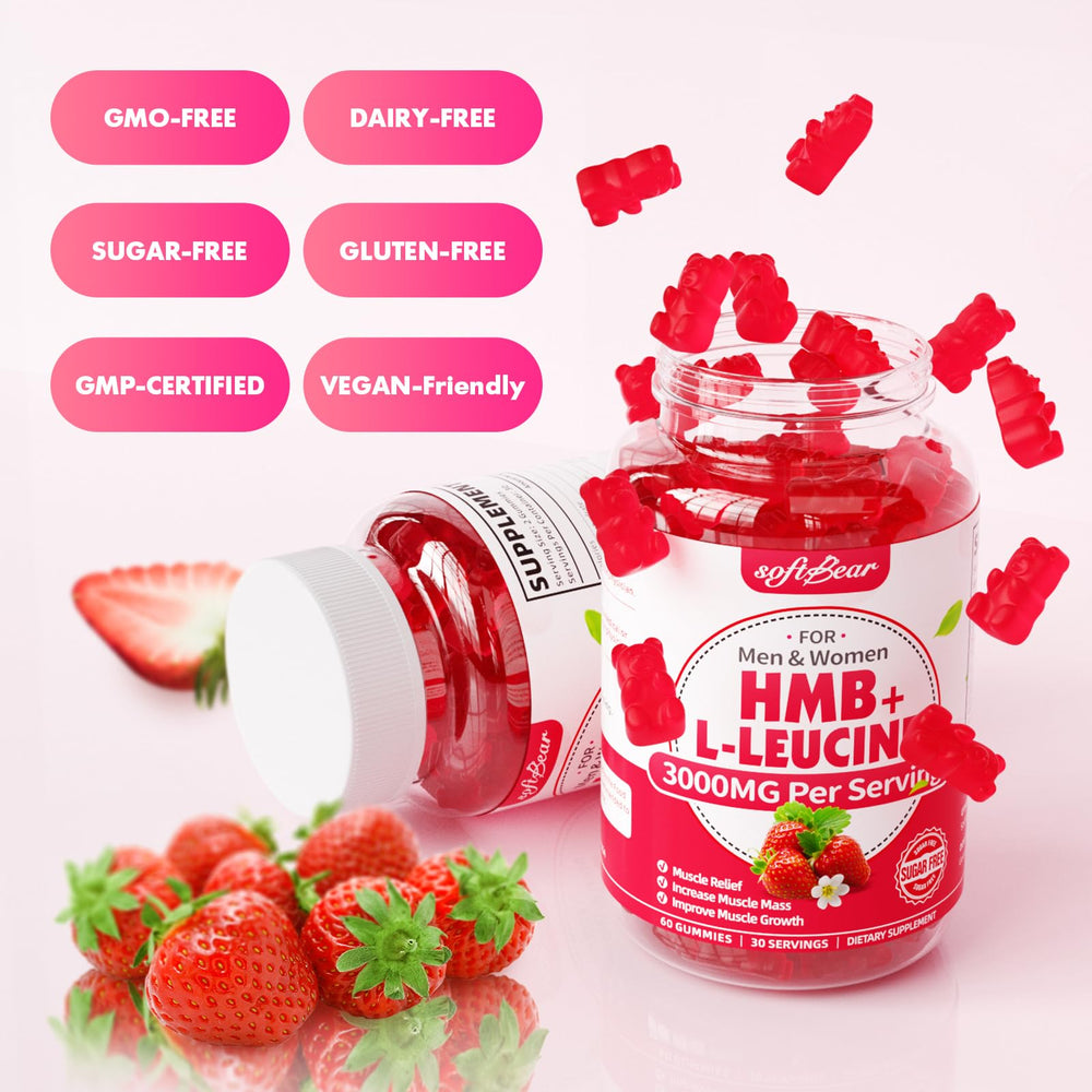 SoftBear HMB & Leucine Gummies packaging with strawberry imagery