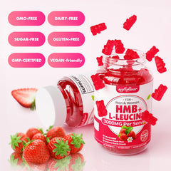 SoftBear HMB & Leucine Gummies packaging with strawberry imagery