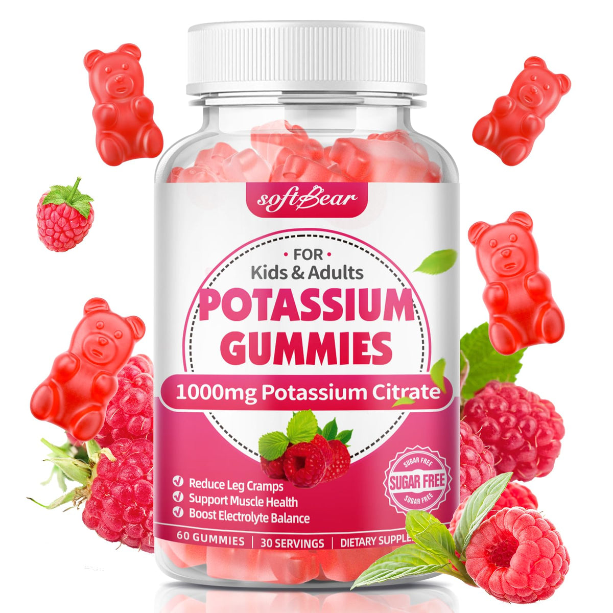 Hero image: SoftBear Potassium Citrate 1000mg Gummies Raspberry flavor, 60 count