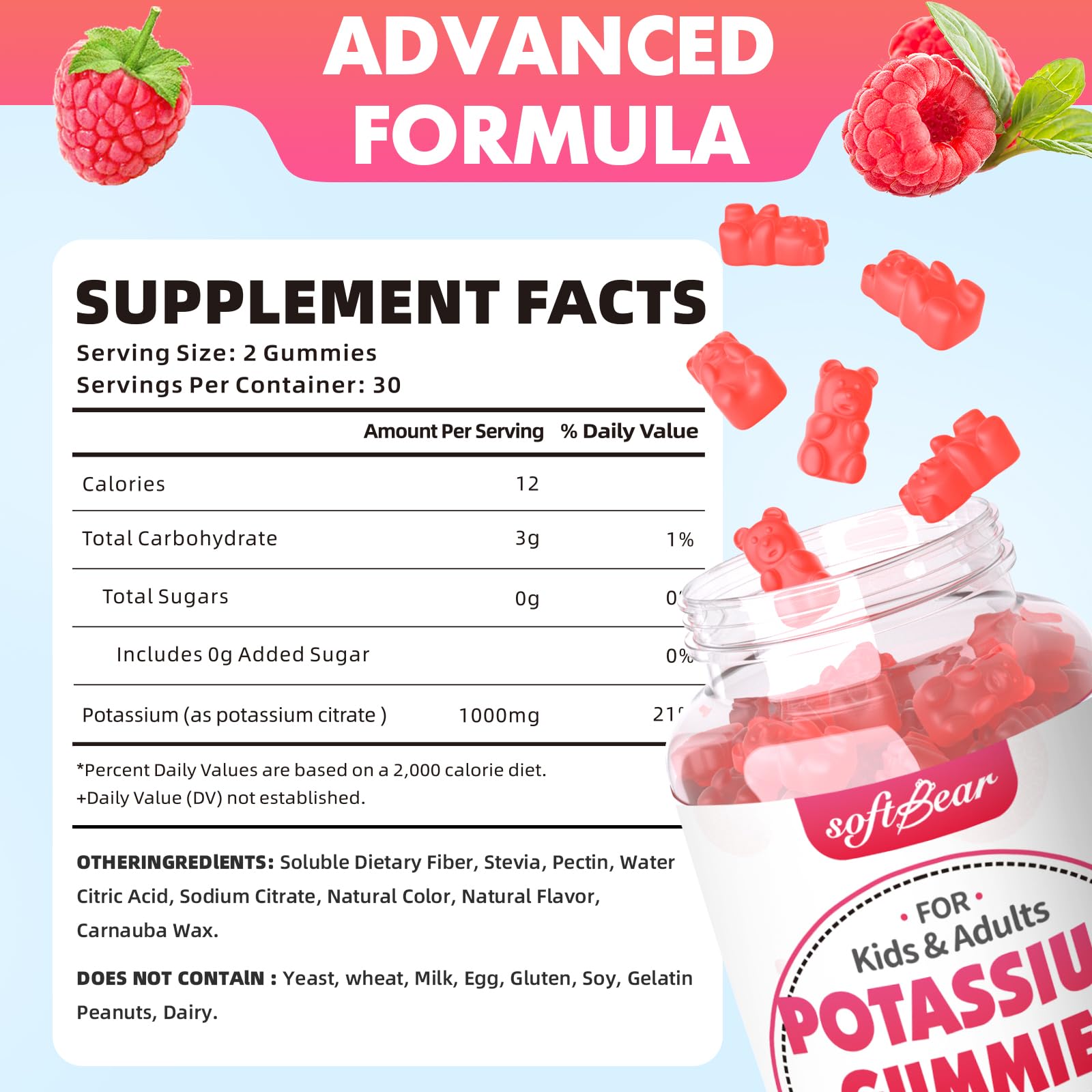 Product packshot of SoftBear Raspberry potassium citrate gummies