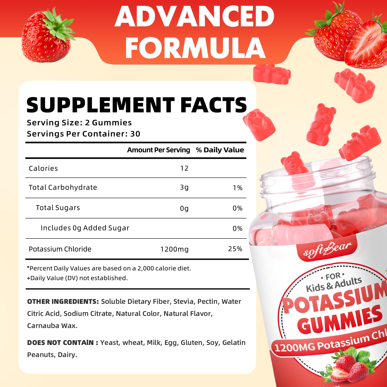 Nutrition facts panel for softbear Potassium Gummies