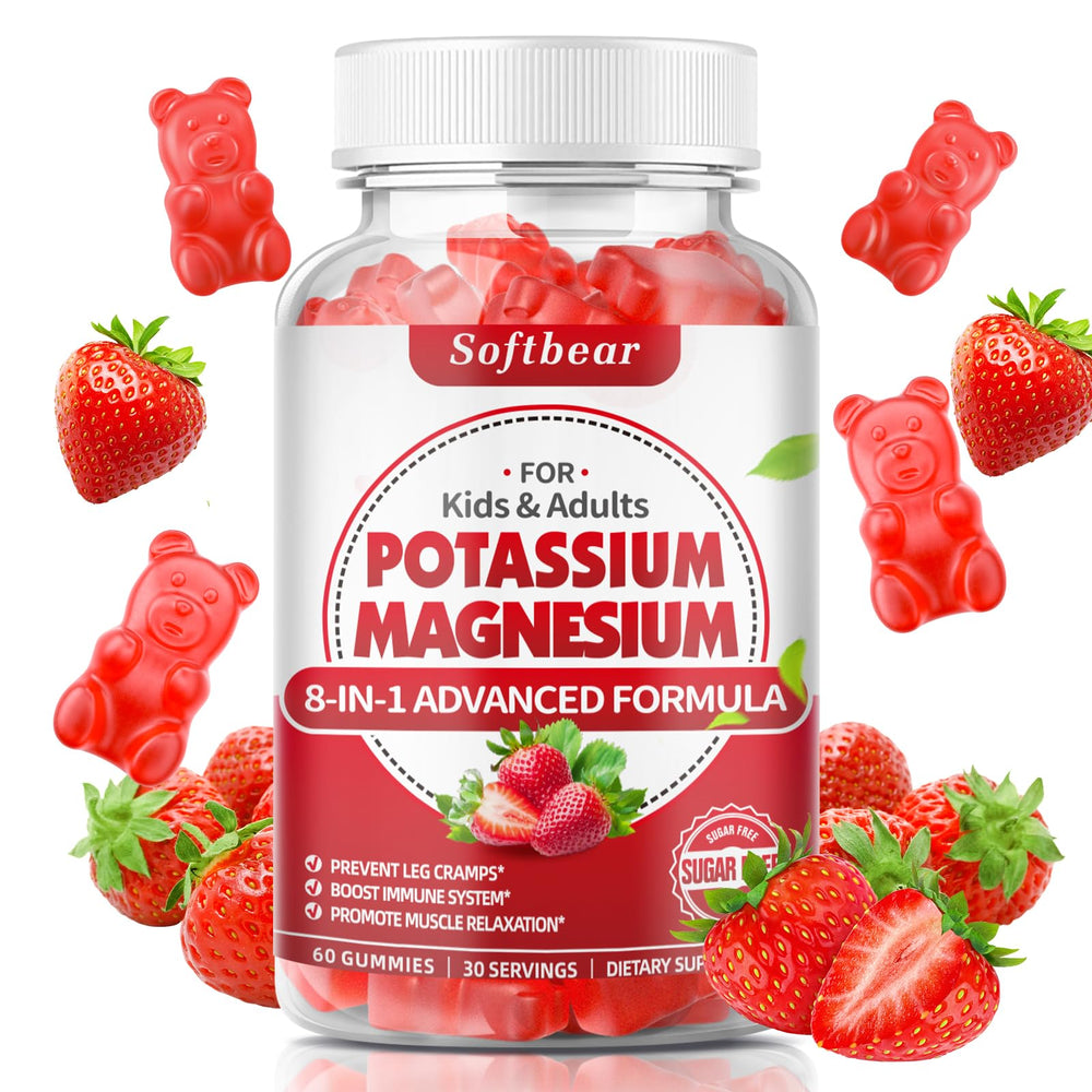 Front view of softbear Potassium & Magnesium Gummies bottle