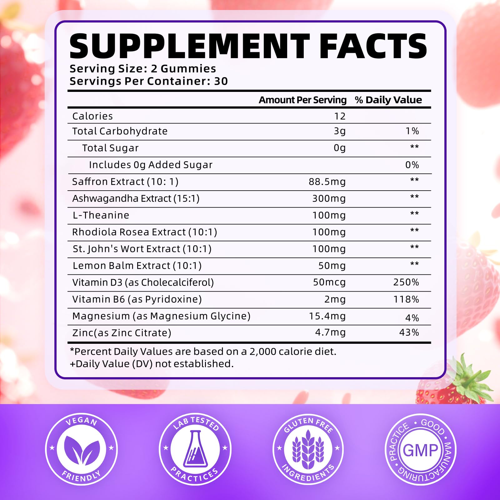 Close-up of Softbear Saffron Gummies 10-in-1 formula with minerals