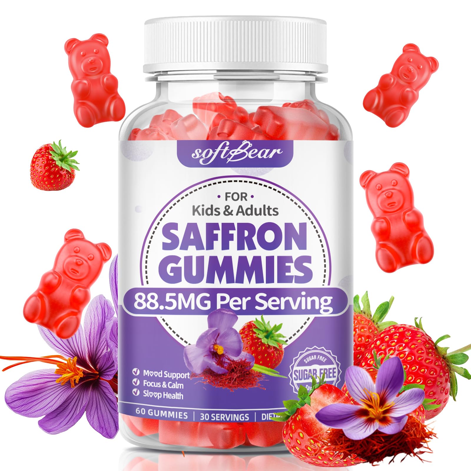 Softbear Saffron Gummies bottle with 60 strawberry-flavored gummies