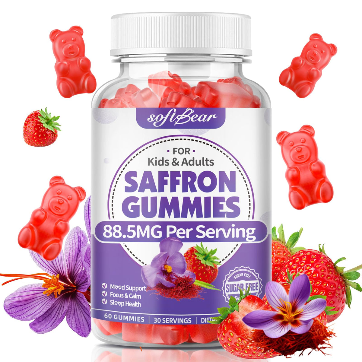 Softbear Saffron Gummies bottle with 60 strawberry-flavored gummies