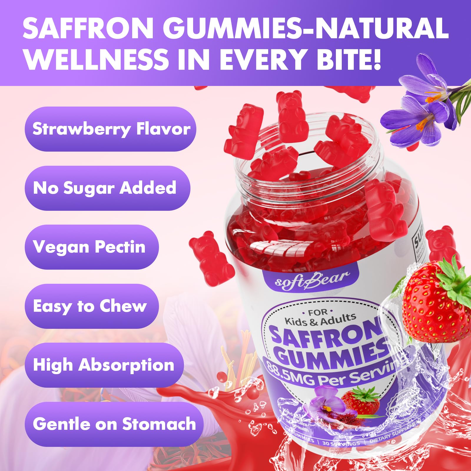 Strawberry-flavored saffron gummies close-up